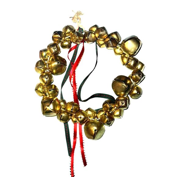 Gold Jingle Bell Wreath With Red & Green Ribbon Accents - Picture 1 of 5